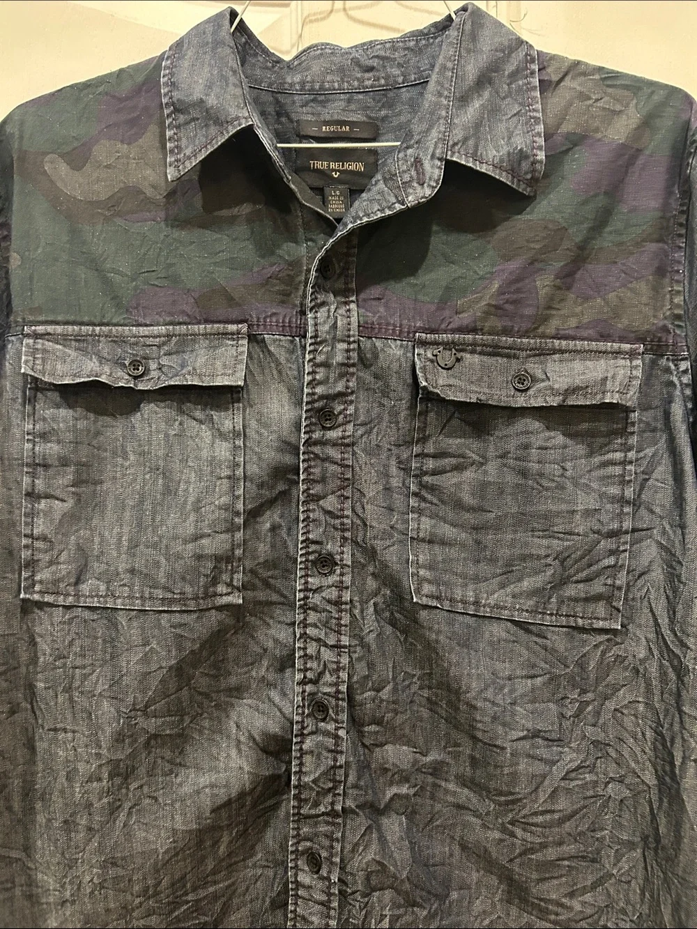 True Religion Blue Denim Shirt Jacket with Camouflage Yoke